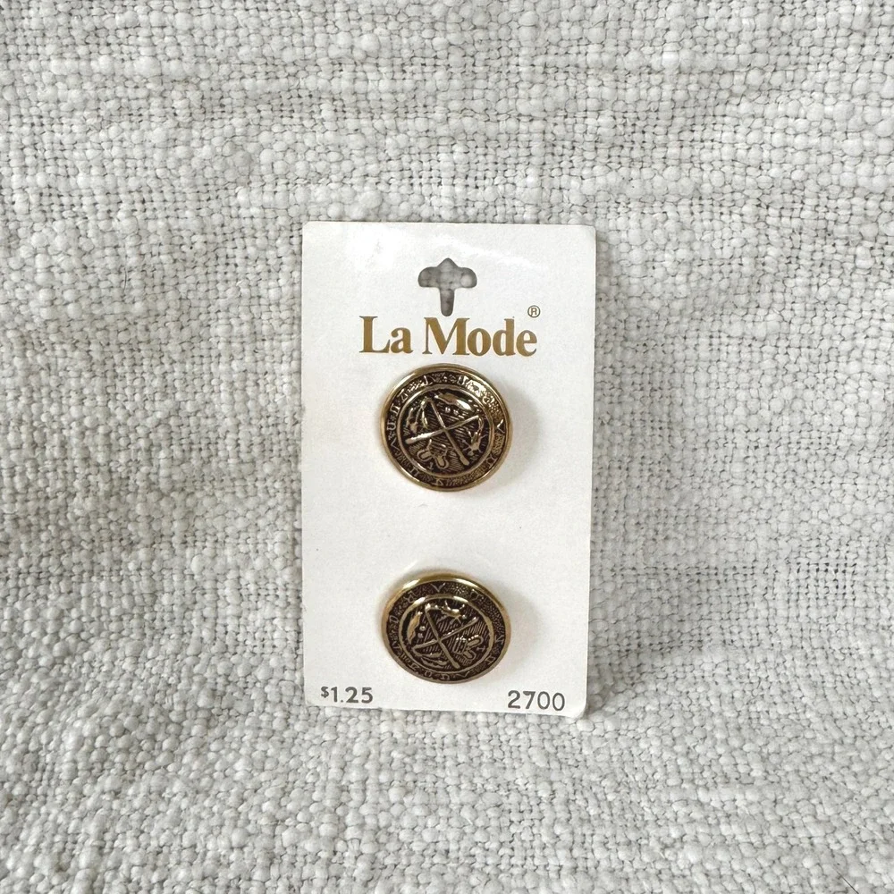 Vintage La Mode Buttons Gold Crest Metal‎ Shank Buttons Set of 2 1970s